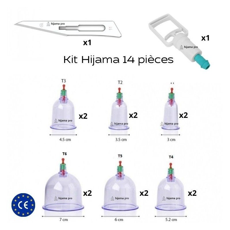 Kit Hijama 14 pièces - Ventouses, pompe et lame N°11 stérile.